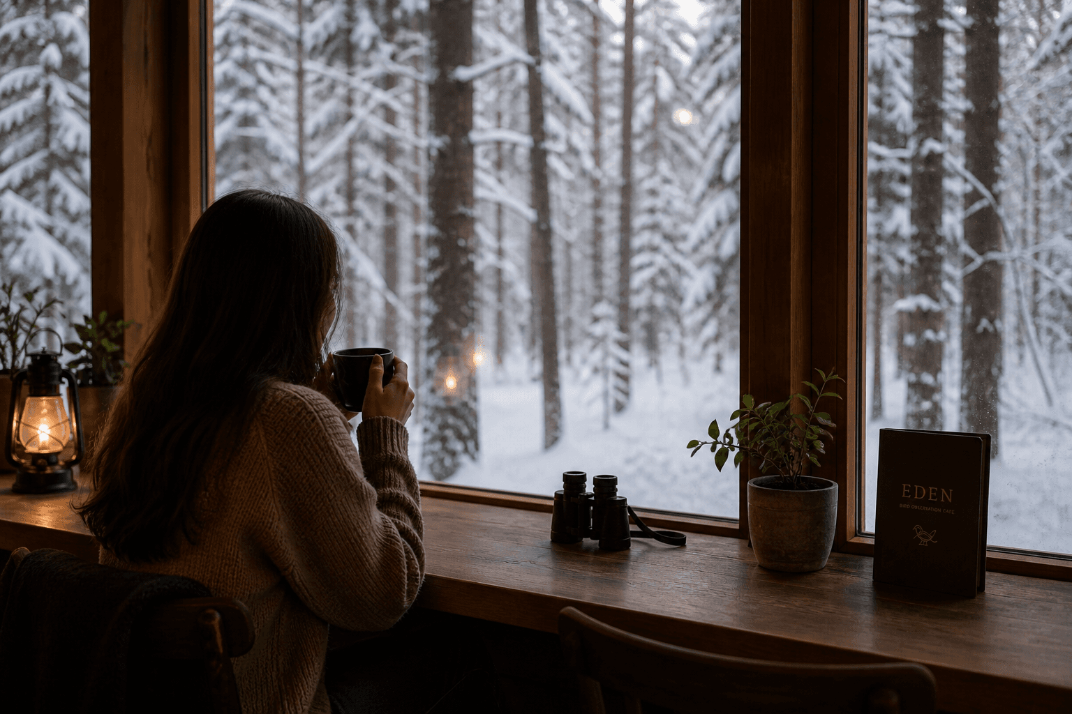 窓辺のカウンターでコーヒー片手に雪の森を眺める