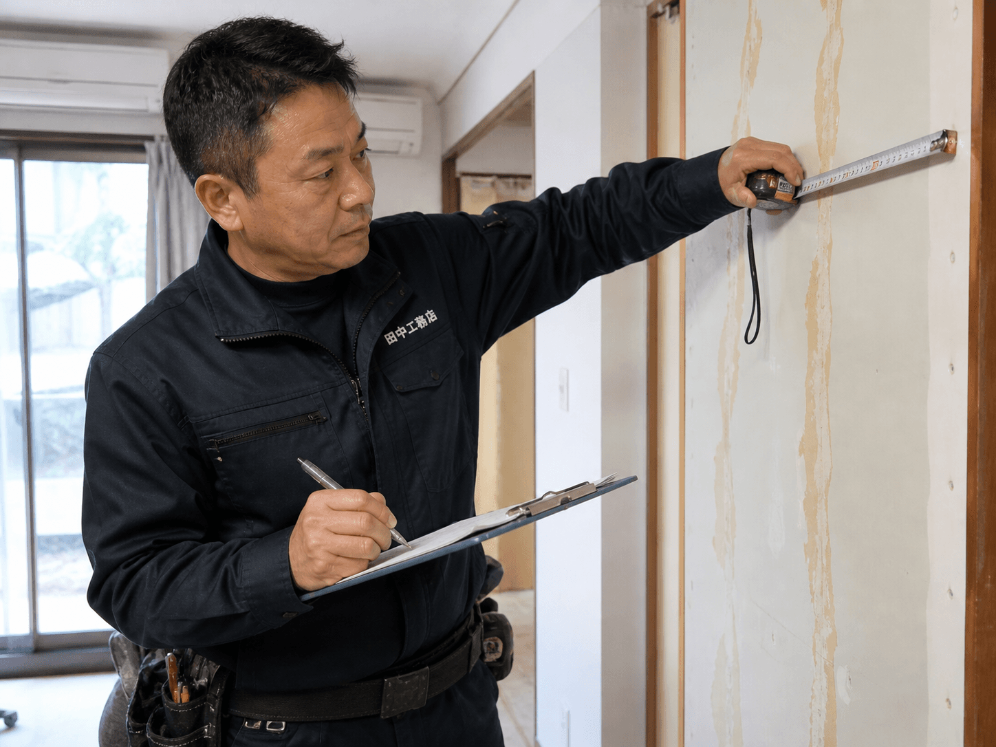 現地調査 — 壁にメジャーを当てて測定