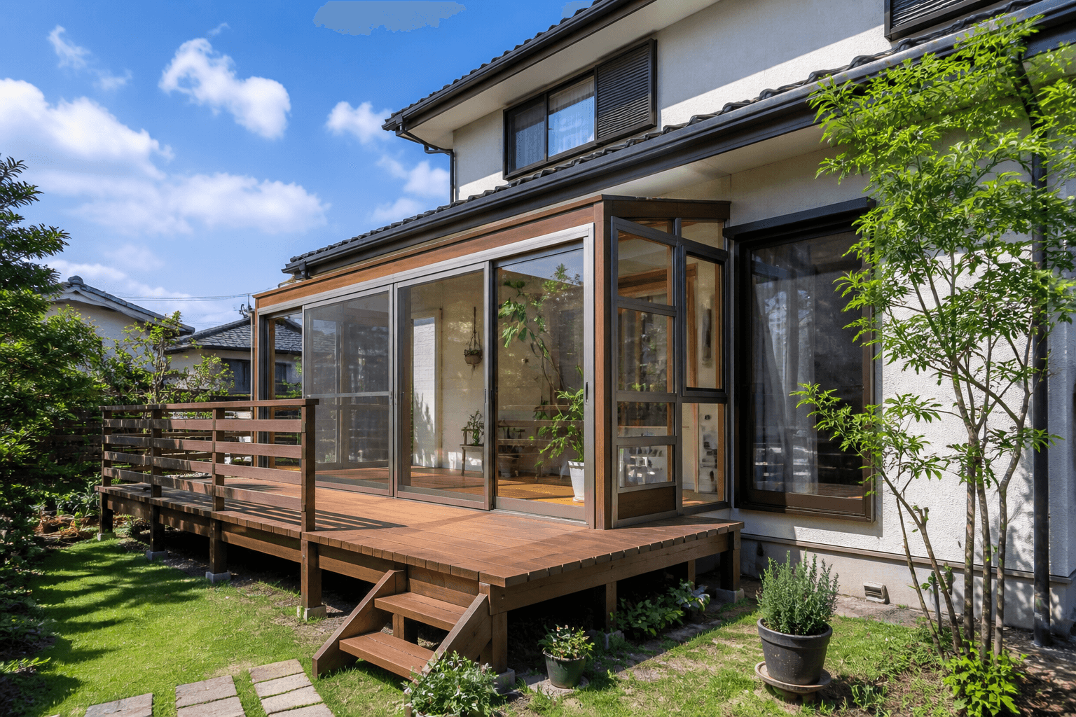 ウッドデッキ + サンルームを増築した戸建